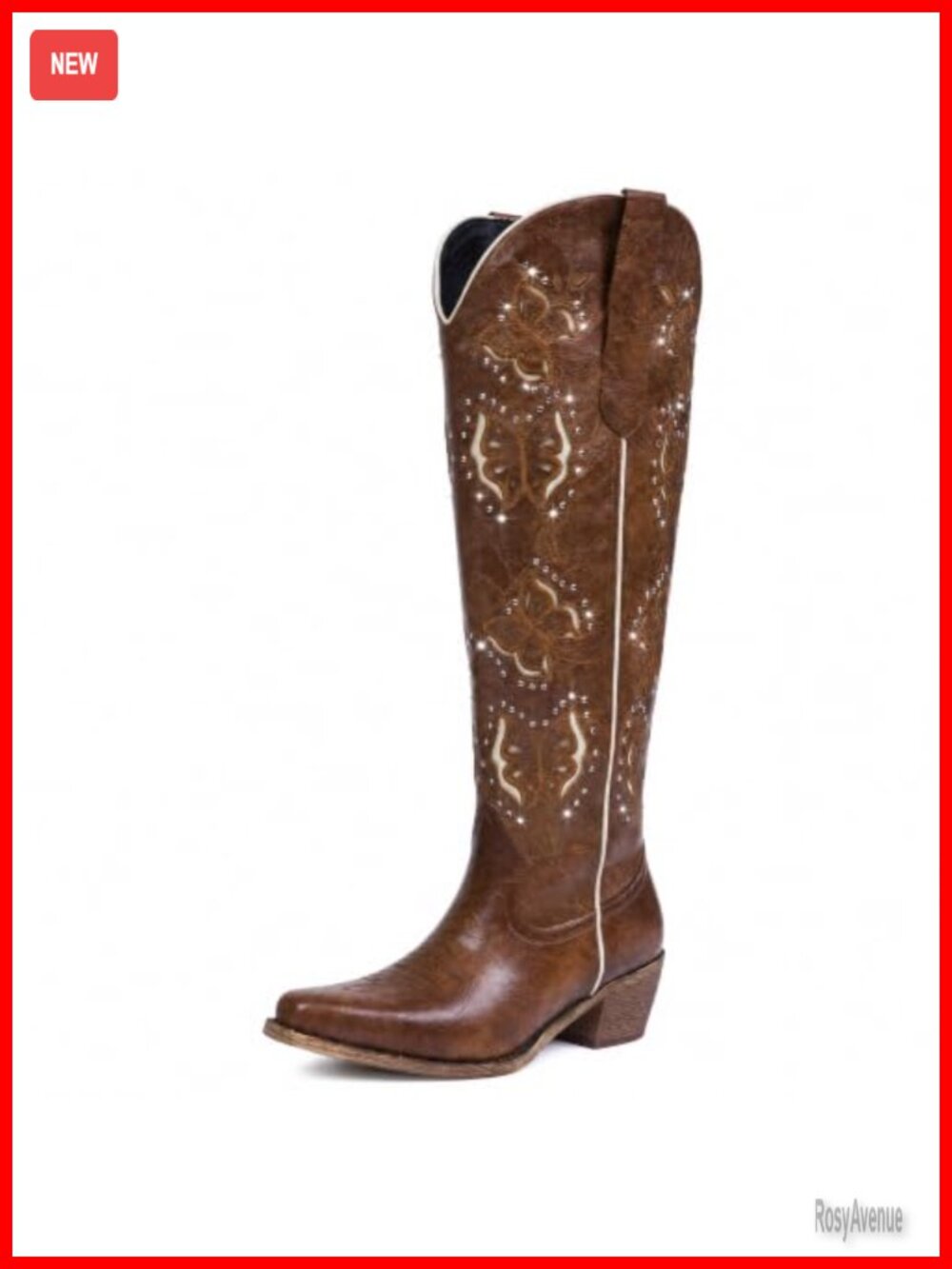 Knee High Cowboy Boots Faux Leather Snip Toe Chunky Heel Western